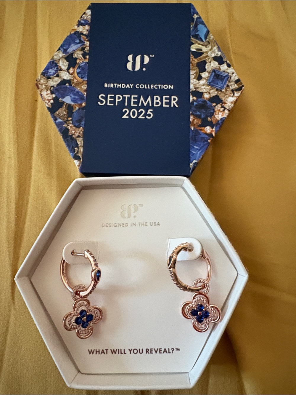 Rose Gold Hoop Drop Earrings with Blue Flower Accents